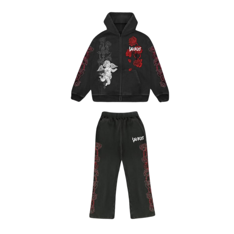 SADBOYZ El Azul Angel Zip Up Full Set. This Sad Boyz El Azul Zip Up Full Set is the perfect blend of comfort and modern streetwear design. This matching set includes a full-zip hoodie and coordinating sweatpants, crafted for those who want a complete and stylish outfit without compromise.