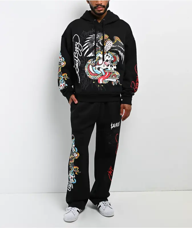Ed Hardy x $AD BOYZ Eagle Skull Black Hoodie Front Model Design