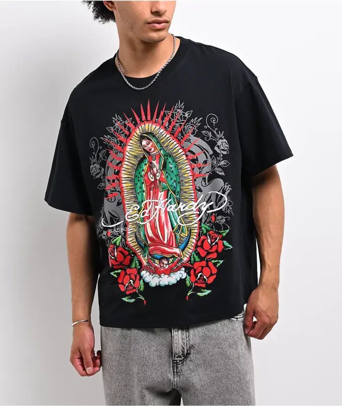 Ed Hardy x $AD BOYZ Mary Rhinestone Black T-Shirt Front