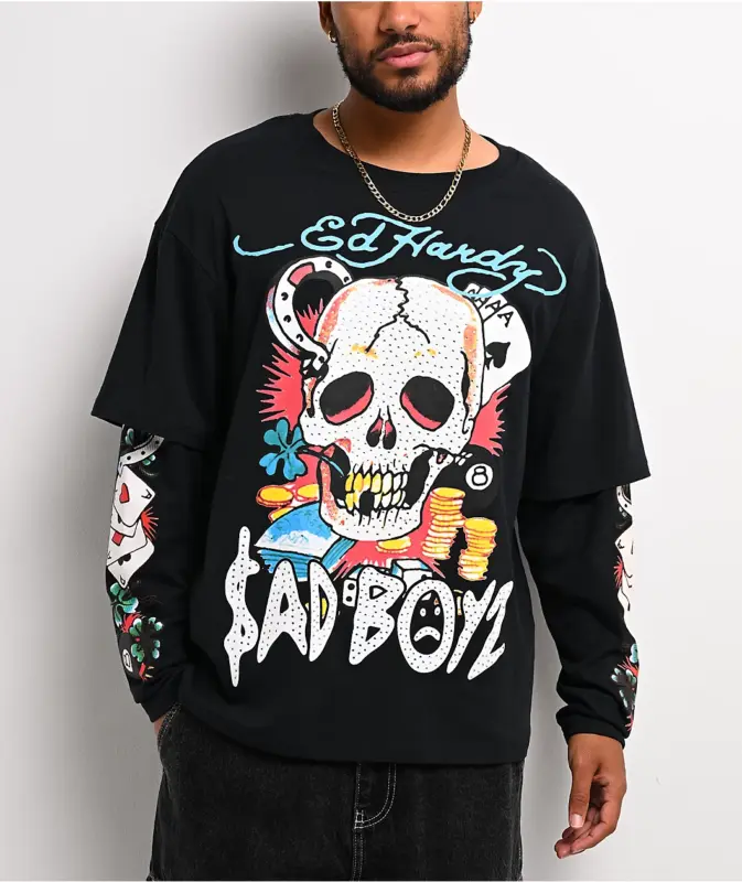 Ed Hardy x $AD BOYZ Rhinestone Black Long Sleeve Front