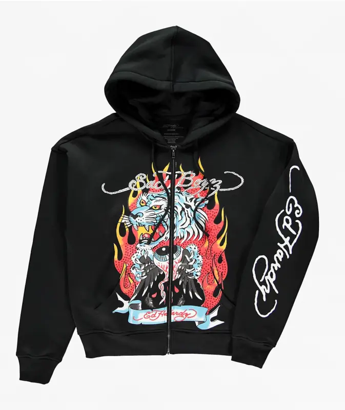 Ed Hardy x $AD BOYZ Tiger Flame Black Zip Hoodie
