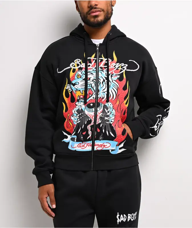 Ed Hardy x $AD BOYZ Tiger Flame Black Zip Hoodie Front