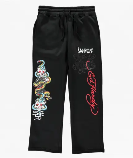 Ed Hardy x $AD BOYZ Veneno Baggy Black Sweatpants Front Design