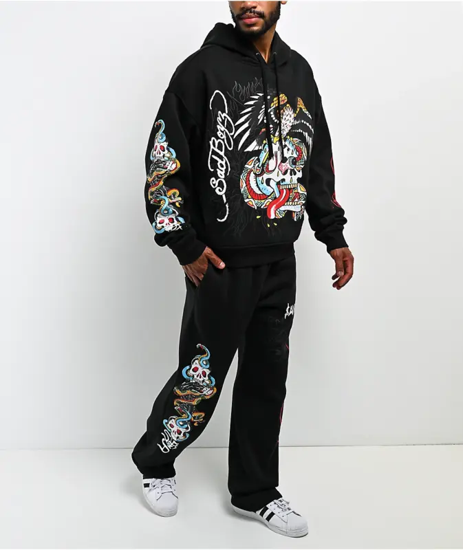Ed Hardy x $AD BOYZ Veneno Baggy Black Sweatpants Pocket design
